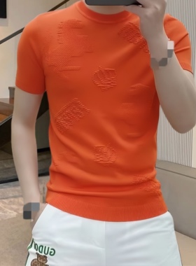 欧货夏季新品男装提花帅气圆领短袖t恤时尚青年潮男士打底衫上衣