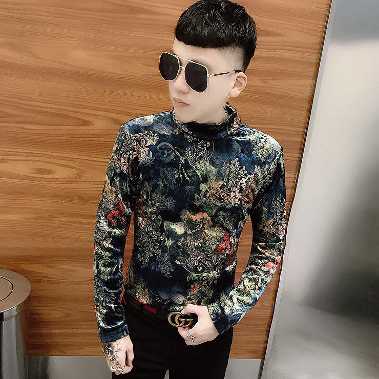 2025秋冬新款韩国金丝绒个性领子长袖t恤百搭印花修身丝绒打底衫