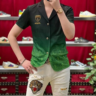 时尚 双色渐变印花西装 半袖 欧洲站夏季 短袖 男士 潮男修身 衬衣 新款