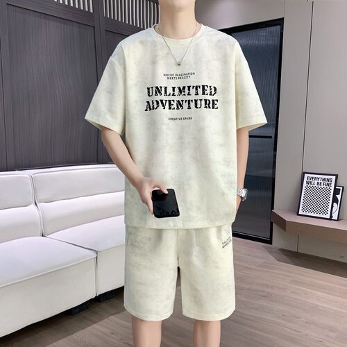 时尚潮流扎染字母印花休闲运动套装夏季新款宽松男士T恤衫五分裤