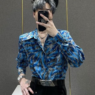 男士 冰丝潮流花衬衫 ins设计感大尖领垫肩垂感条纹印花 长袖 鹿鹿