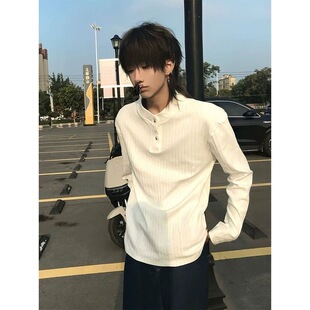 男款百搭白色亨利领长袖T恤美式复古正肩Polo衫卫衣内搭打底上衣