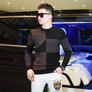 针织衫 2025秋冬季 撞色男士 时尚 毛衣重工拼接圆领打底保暖加厚 新款