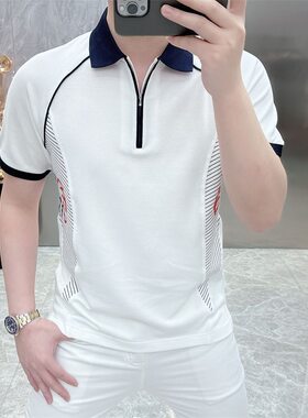 2026新款POLO衫夏季新款拼接撞色翻领半拉链套头修身条纹短袖上衣