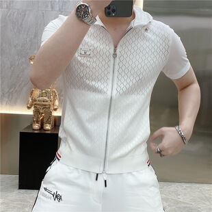 拼接拉链开衫 欧货潮流半袖 连帽薄款 短袖 上衣 2026夏季 T恤男士 新款