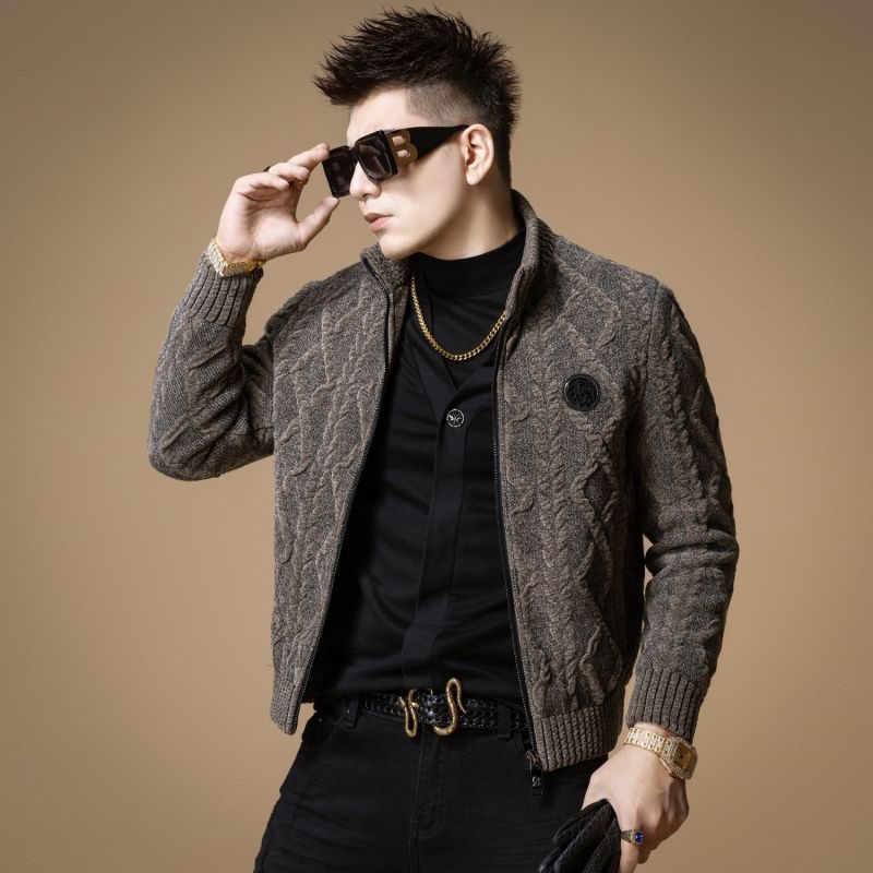 潮牌男装上衣立领外套男士秋冬季新款百搭高端潮流徽章针织夹克男