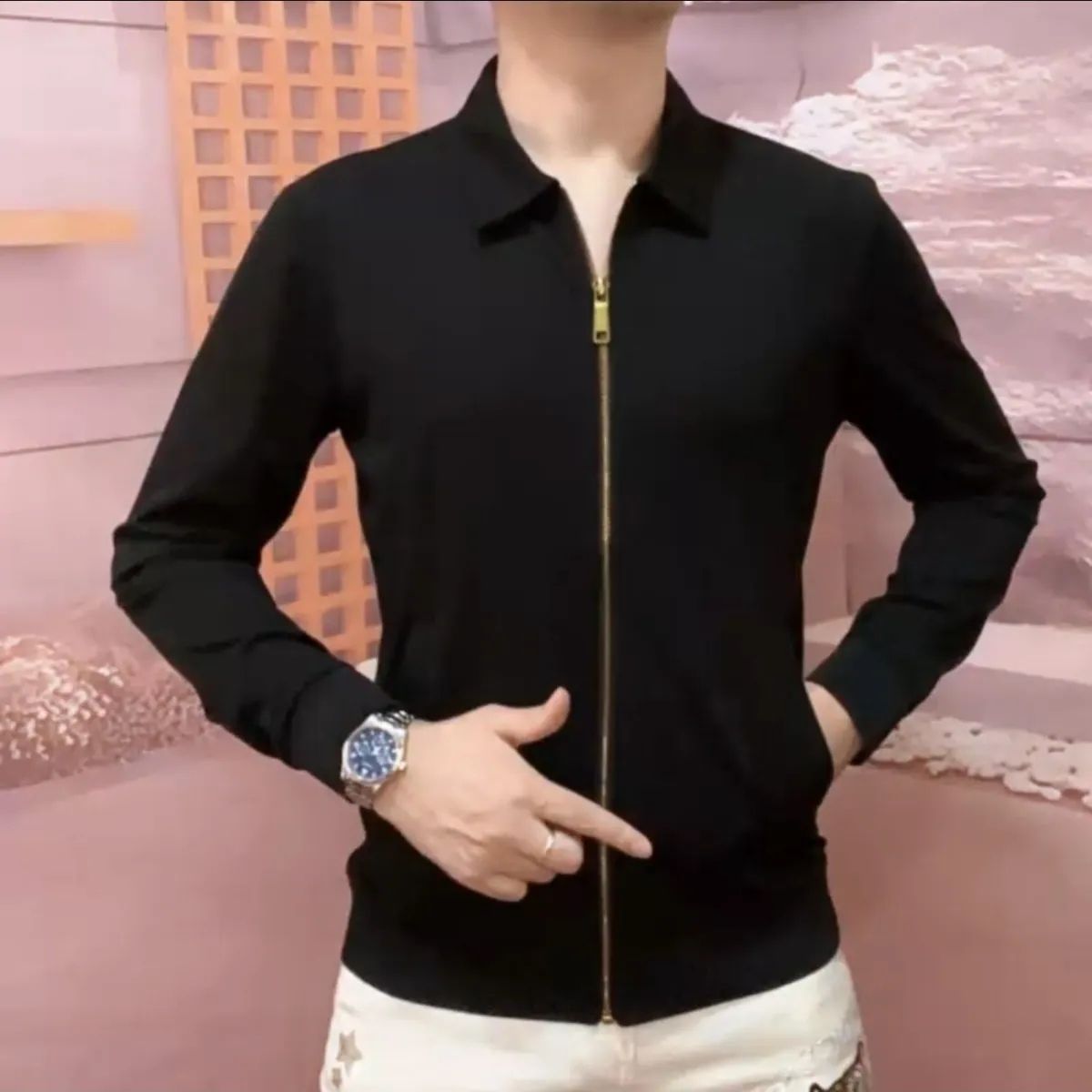 净版纯色衬衫高端欧货男气质简约潮流高品质拉链开衫翻领长袖上衣