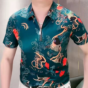 中国风潮男士短袖翻领半拉链富贵锦鲤正肩Polo衫轻奢夏装薄荷曼波
