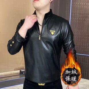 男士 高档美式 秋装 男款 卫衣立领半拉链皮polo潮牌T恤 时尚 长袖 新款