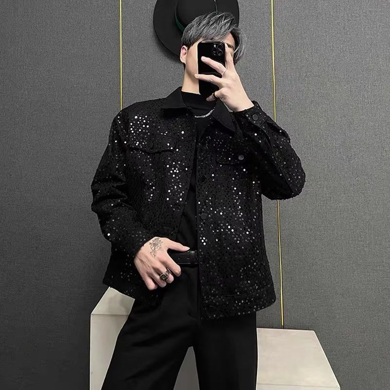 秋季小香风新款薄外套夹克男士休闲亮片上衣青年时尚休闲潮流长袖