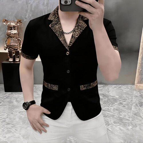 高档夏季男士时尚短袖西装薄款商务纯色百搭半袖上衣轻奢男装