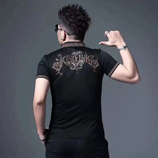 上衣网红Polo衫 T恤烫金刺绣回纹边男士 轻奢潮牌 立领短袖 夏季