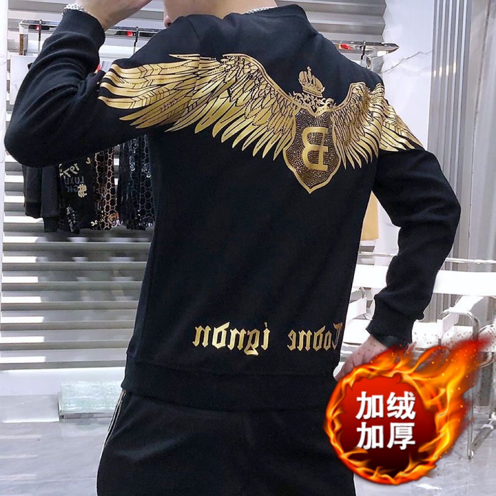 欧洲站男士秋冬新款翅膀长袖印花卫衣网红潮牌修身长袖T恤男上衣