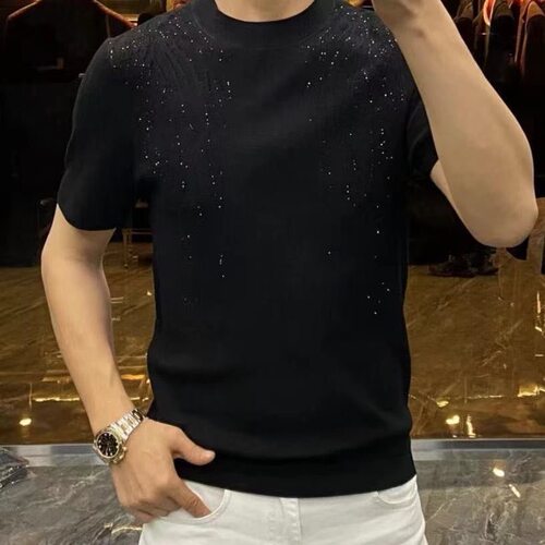 欧品新款秋季短袖百搭时尚帅气烫钻圆领针织男士打底衫潮流韩版