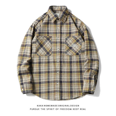 25日系复古 青年秋冬法兰绒衬衫 加厚磨毛绣花格纹长袖衬衫宽松男