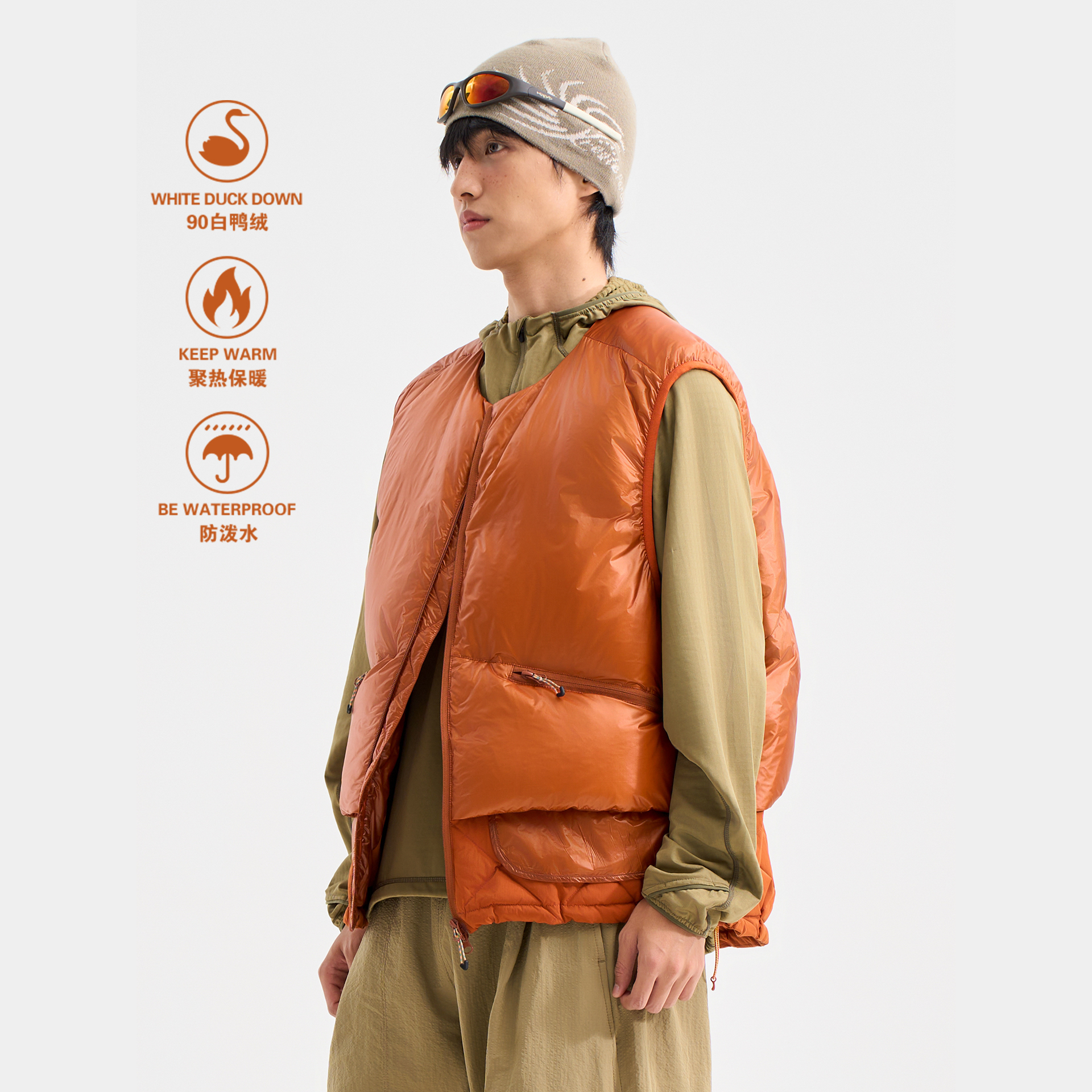 日系90白鸭绒拼接羽绒服无袖马甲男女款户外宽松保暖叠穿马夹外套