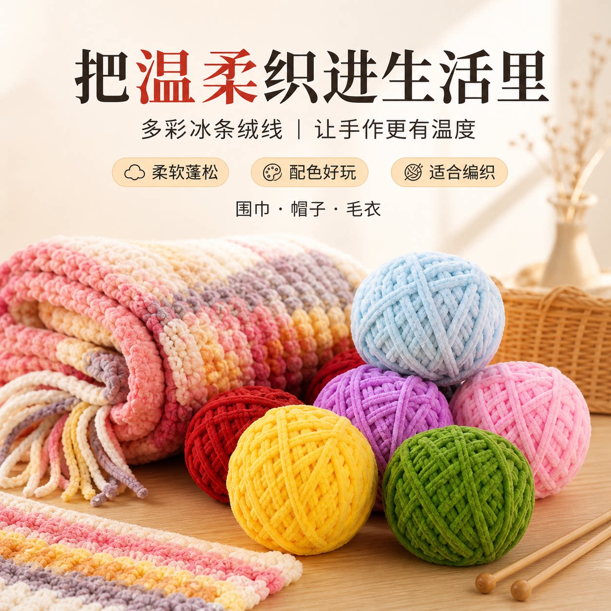 冰丝条粗毛线团手工diy编织围巾毛线球勾拖鞋花束毯子钩针材料包