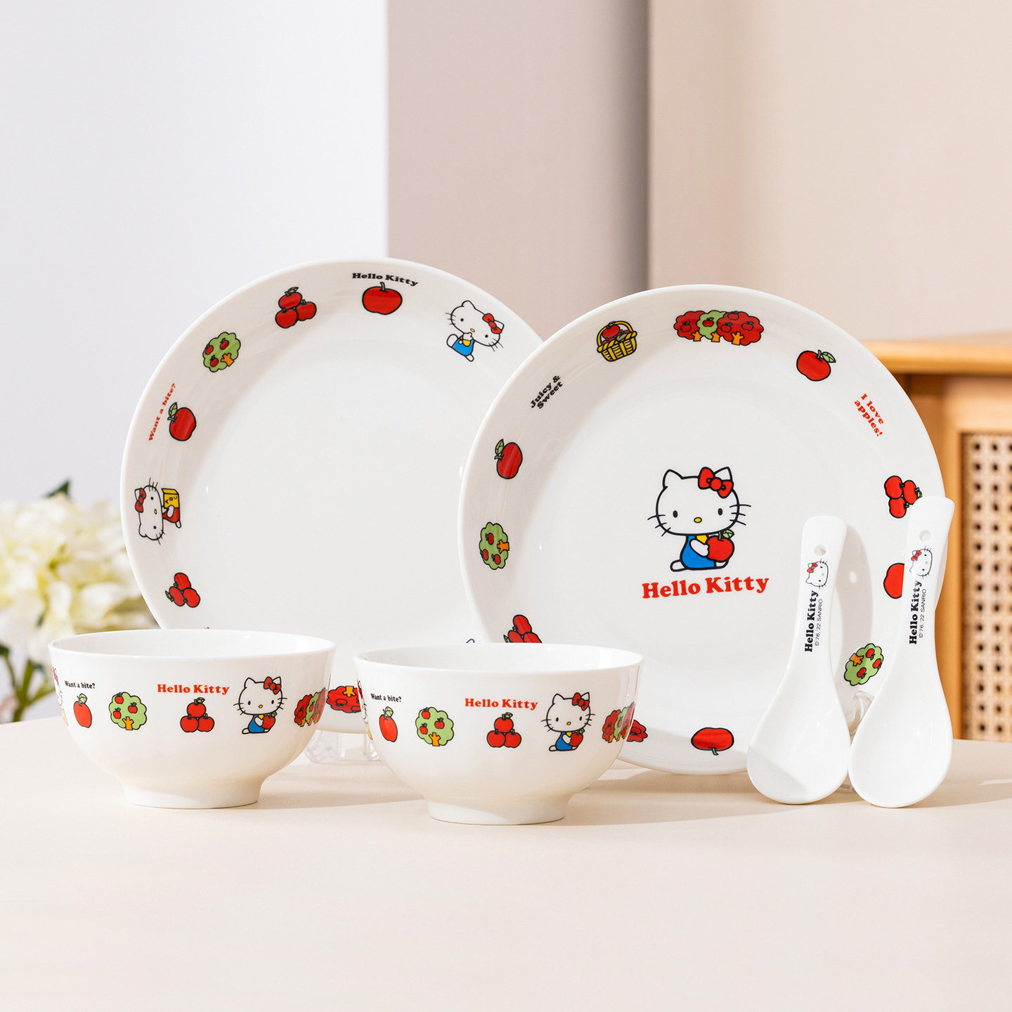 HelloKitty可爱餐具套装女生家用陶瓷碗盘勺六件套高颜值碗碟组合,餐饮具,碗,淘宝优惠券,粉丝福利购,淘宝优惠卷