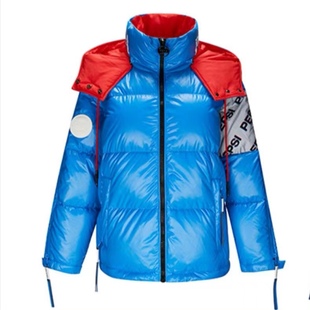 艾系列百事联名款时尚撞色亮面印花短款连帽加厚羽绒服女