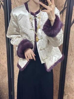 新中式国风重工刺绣双面双穿獭兔毛外套2025冬季新款宽松加厚保暖