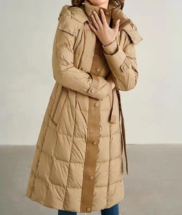 撤柜~白鹅绒卡其色连帽羽绒服女长款2023冬季新款高级感时尚外套