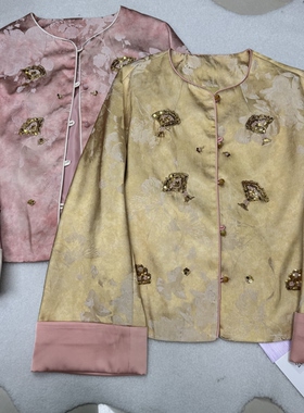 26003春季新中式国风重工串珠刺绣提花圆领长袖外套服短款上衣