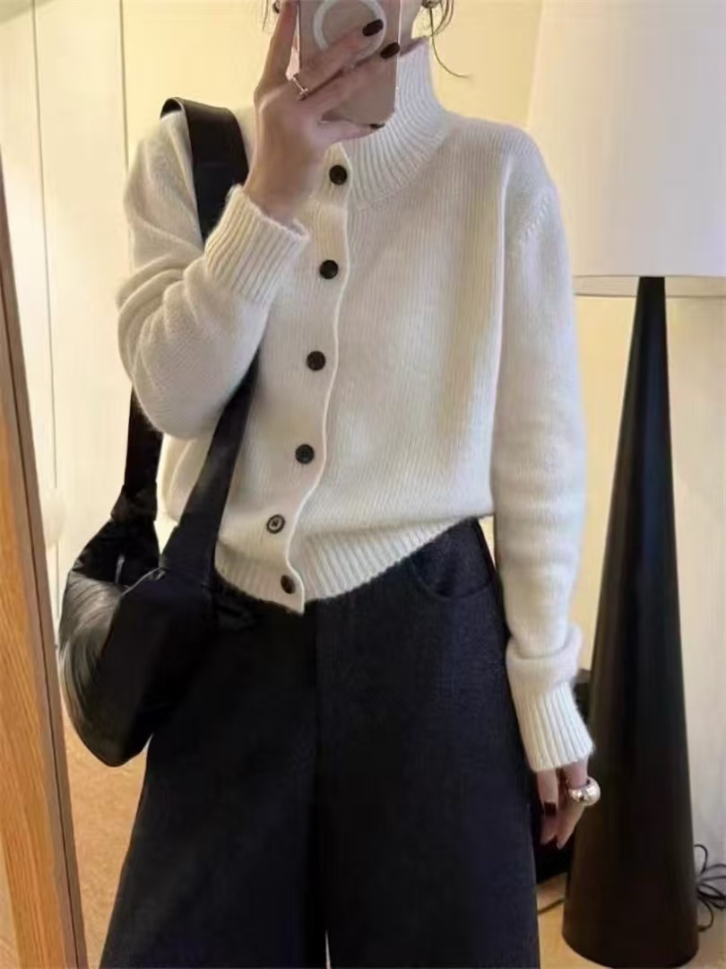特价 单排扣高领纯色浣熊羊毛衣舒适简约洋气针织开衫长袖外套女