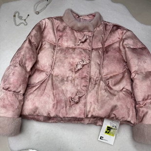 高端新中式国风盘扣羽绒服女短款拼接水貂毛提花保暖外套高级感