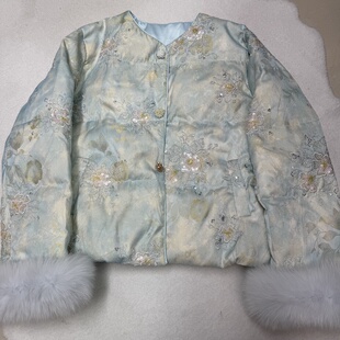 冬季新款新中式国风提花刺绣羽绒服重工狐狸毛短款女外套