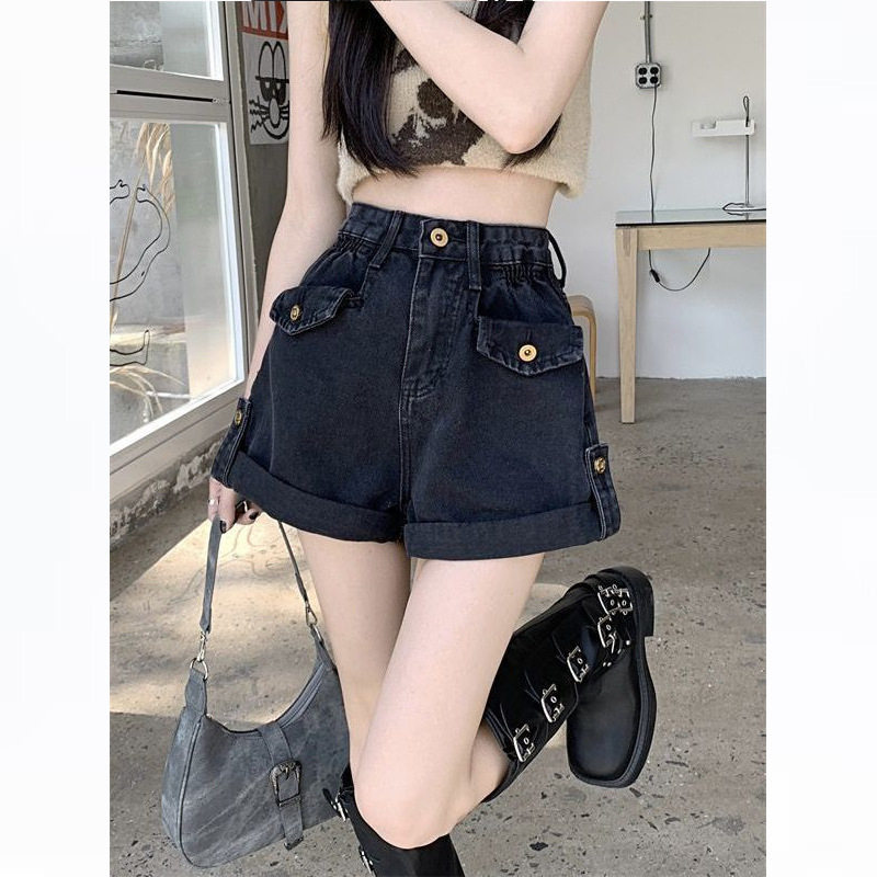 黑色卷边牛仔短裤女夏季2025年新