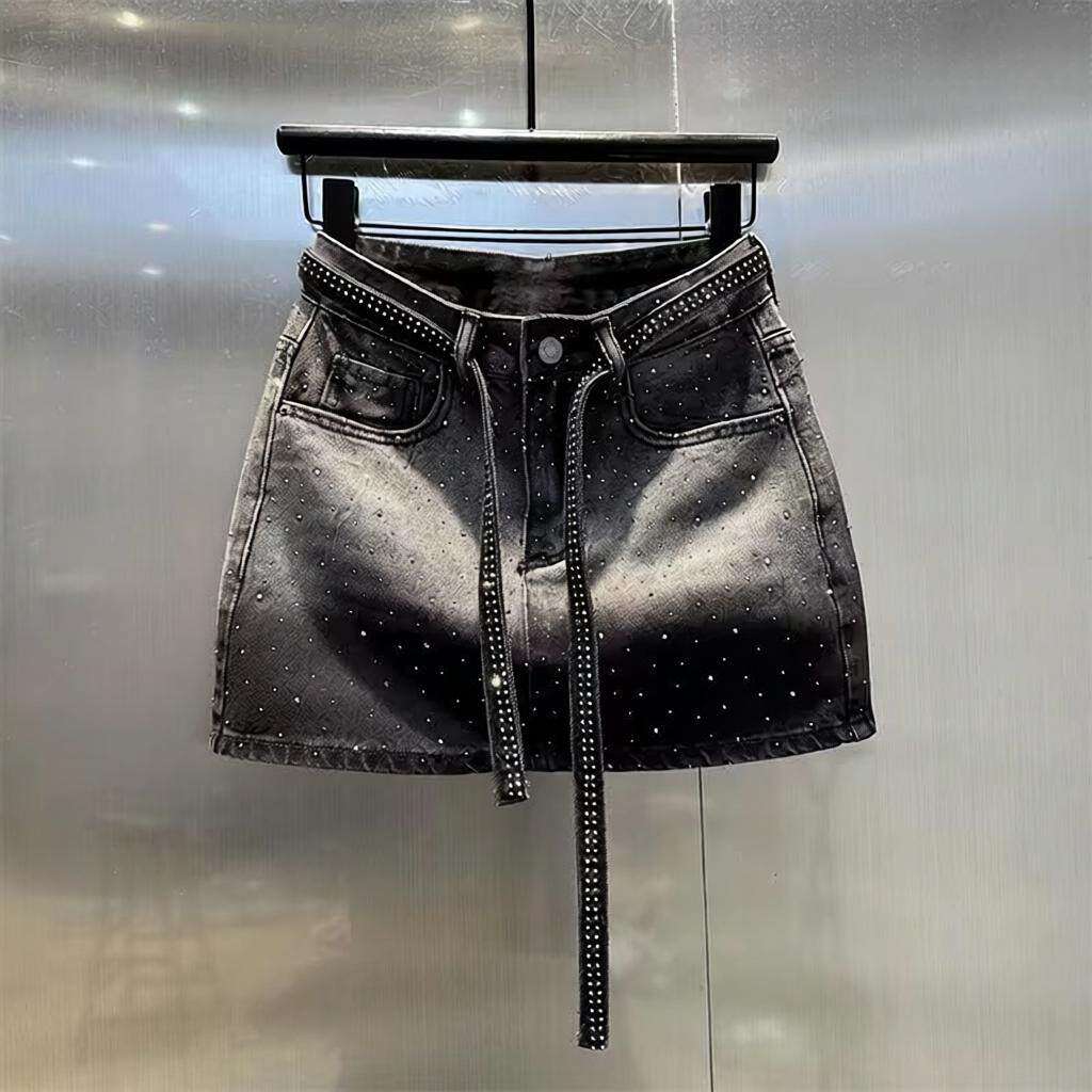 大码复古渐变烫钻牛仔半身裙女夏