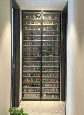 泡泡玛特盲盒墙收纳架手办黑色挂墙柜公仔娃娃玻璃门收纳盒定制