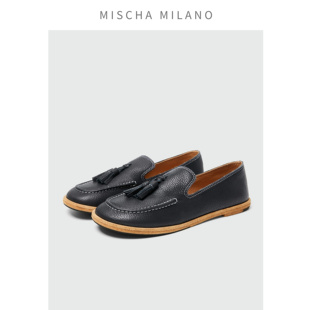 mischa 2025春夏新款 鹿皮乐福鞋女 一脚蹬小皮鞋法式平底单鞋女
