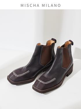 意大利mischa勃艮第切尔西靴女2023年新款小众设计英伦风厚底短靴