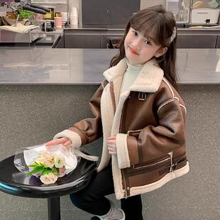 女童加绒皮衣外套2024新款洋气秋冬装女孩大童加厚儿童装冬季上衣