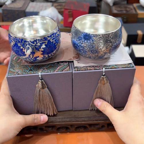【直播专属】鎏银999青花茶杯一对1728+1731,餐饮具,茶杯,淘宝优惠券,粉丝福利购,淘宝优惠卷