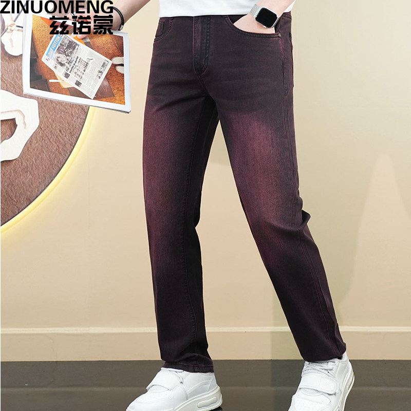 兹诺蒙新款男士春季弹力修身直筒酒红色牛仔裤长裤百搭夏季休闲裤