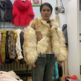 2026新款狐羊皮皮草外套女中长款流苏长袖红色