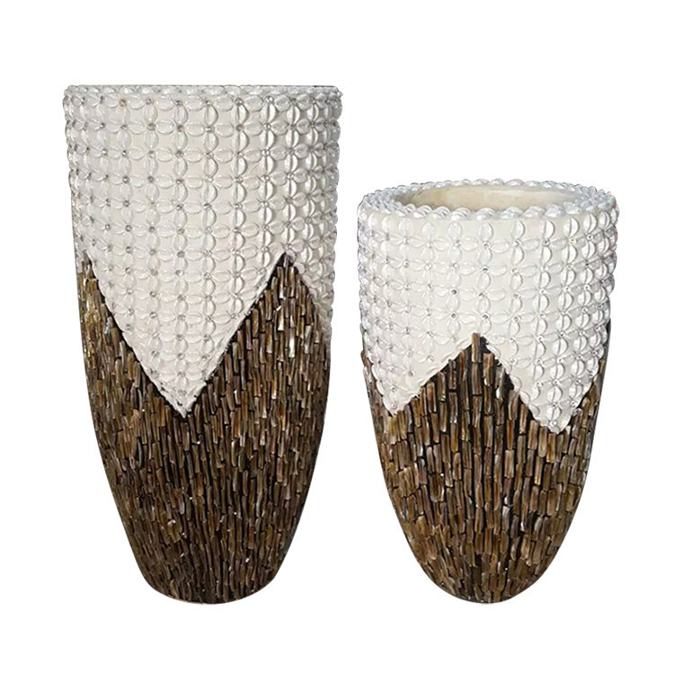 奢华时尚贴牛筋贝落地大花瓶玻璃钢花器酒店会所商场摆件直销草球