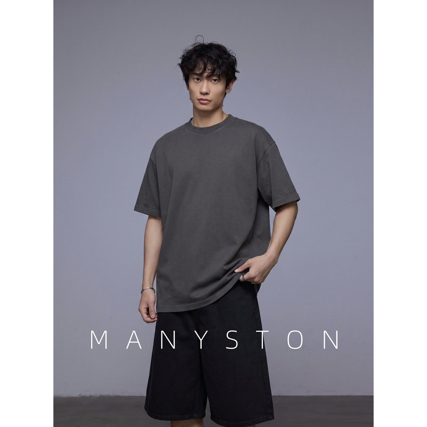 MANYSTON 美式纯色300g重磅简约短袖T恤男款夏季圆领纯棉套头上衣