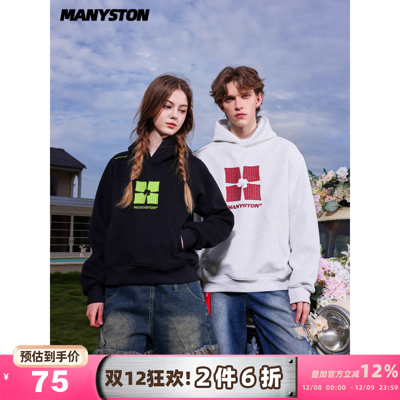 MANYSTON美式刺绣连帽套头卫衣男