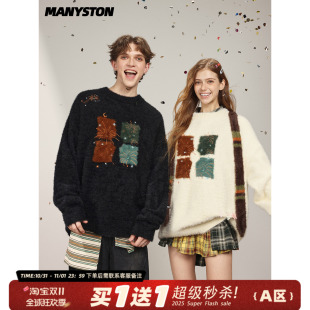 情侣宽松休闲圆领针织衫 春秋季 高街刺绣套头毛衣男款 MANYSTON美式