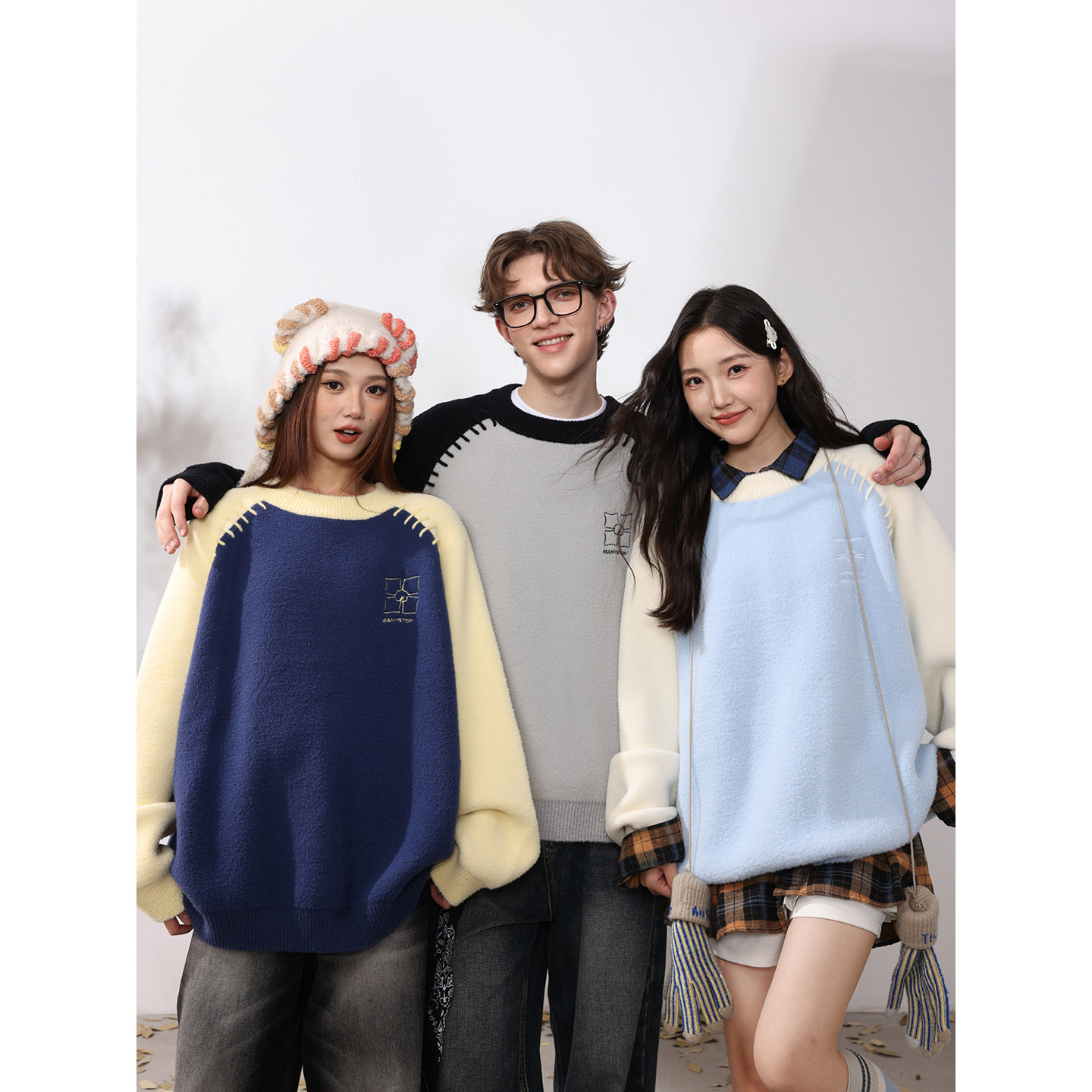 MANYSTON美式圆领套头毛衣男生款春秋季潮牌宽松青少年针织衫上衣