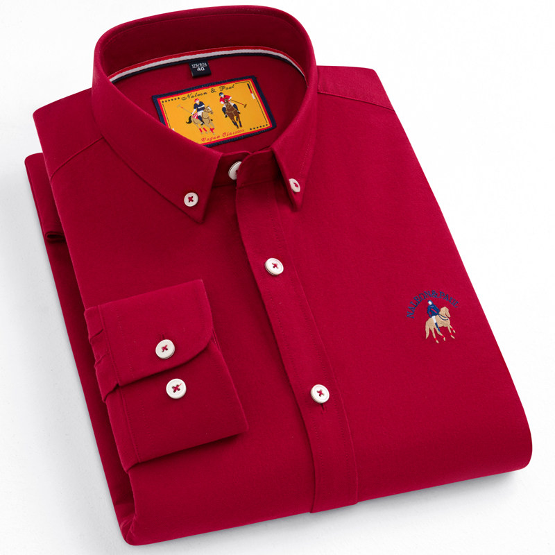 保罗春秋牛津纺纯棉磨毛长袖衬衫男士中青年百搭休闲全棉纯色衬衣