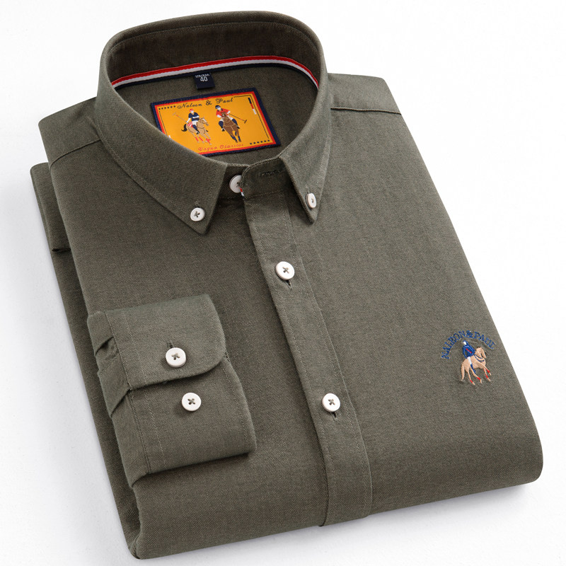 保罗春秋牛津纺纯棉磨毛长袖衬衫男士中青年百搭休闲全棉纯色衬衣