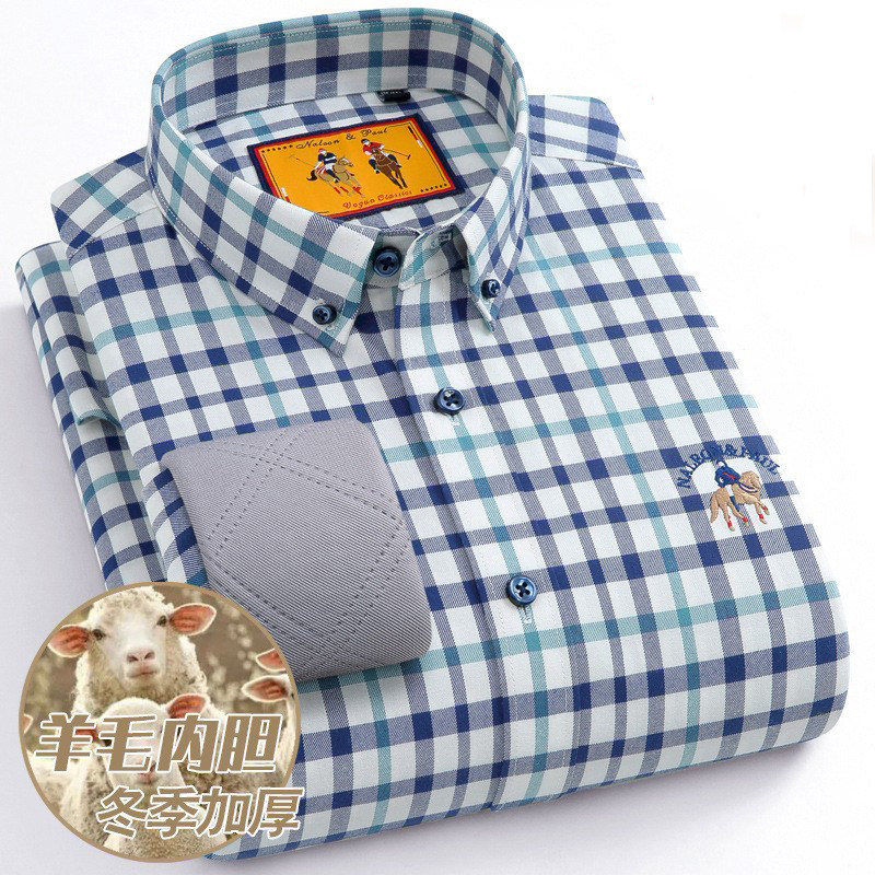 冬季保罗加绒加厚格子衬衫男士中年纯棉磨毛休闲双层保暖长袖衬衣