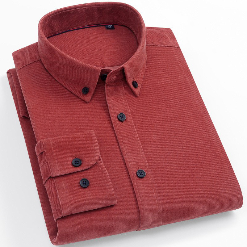 保罗灯芯绒纯棉长袖衬衫男士中青年条绒百搭时尚纯色休闲衬衣春秋