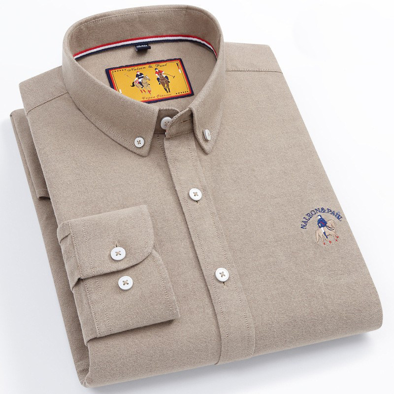 保罗牛津纺纯棉磨毛长袖衬衫男士中青年春秋百搭休闲纯色全棉衬衣