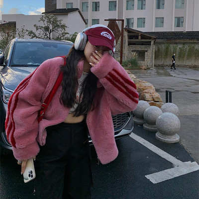 特价冬新款出街款进口颗粒羊剪绒全羊毛运动风羊羔毛皮草外套女