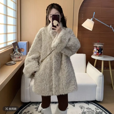 秋冬新款仿水貂毛立领中长款宽松皮草外套女环保毛毛大衣女冬